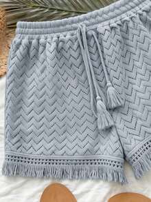 Roelina Women's Spring/Summer Elegant Boho Vacation Knit Hollow Jacquard Patchwork Tassel Trim Pocket Casual Loose Shorts Beach Blue - Dusty Blue - View 4
