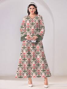 Al Najma Casual Minimalist Conservative Floral Pattern Long Sleeve Arabian Dress - Multicolor - View 1
