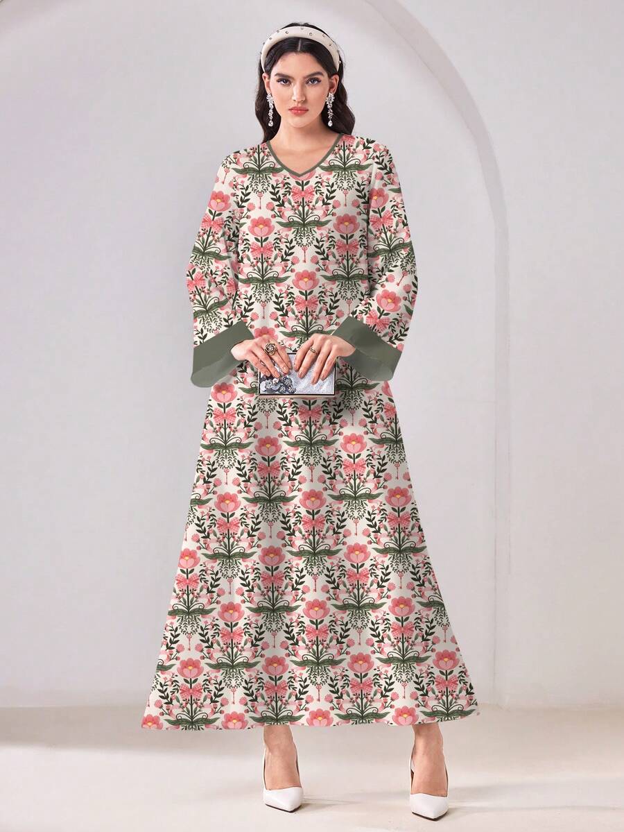 Al Najma Casual Minimalist Conservative Floral Pattern Long Sleeve Arabian Dress - Multicolor - View 1