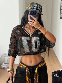 Coolane 女款街頭風酷感復古運動足球球衣字母印花 Y2K Blokecore 短版百搭 T-shirt - 黑色 - 查看 5