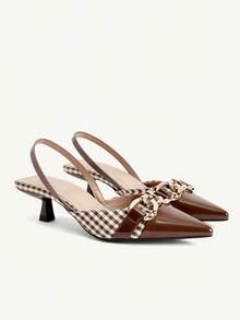 CUCCOO CHICEST Ladies Metal Chain Pointed Kitten Heels Brown Splicing Checkered High Heels Shoes Elegant Commuting Shopping Dating Afternoon Tea Comfortable - Brown - View 9