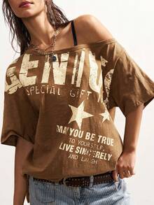 Bohemela Casual Grunge Solid Color Knit Asymmetric Neck Short Sleeve Loose Fit Women's T-Shirt Brown And Cream Large Letters Graphic Tee Summer Outfits Music - Brown - View 5