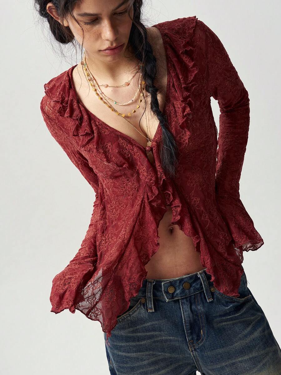 Bohemela 波西米亞風休閒純色蕾絲針織荷葉邊長袖女版上衣 - 酒紅色 - 查看 1