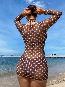 Swim SXY 女款金屬扣波點印花掛脖繫帶性感比基尼兩件式泳衣搭配長袖鏤空性感罩衫 3件組 - 棕色 - 查看 2