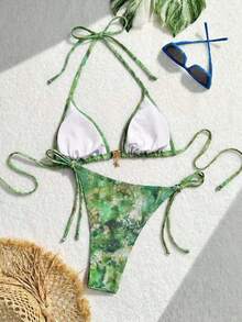 Swim Mod 女款夏季海灘度假花卉印花星星吊墜掛脖繫帶露背性感比基尼套裝 - 綠色 - 查看 2