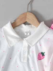 SHEIN Tween Girl 可愛草莓波點印花領口襯衫與長褲 2 件套，洋紅色運動服 - 彩色 - 查看 5