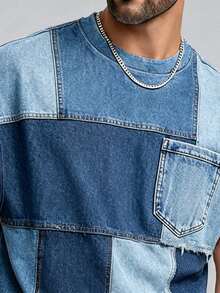 Manfinity Dauomo Summer Outdoor Top, Plus Size Men's Tank Top, Color Block Patchwork Retro Blue Series, Casual Versatile Top, Summer Refreshing Top - Multicolor - View 3