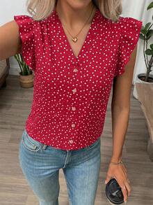 SHEIN Clasi Women's Summer Floral V-Neck Cap Sleeve Blouse,Summer Top - Red - View 4