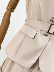 SHEIN LUNE Women's Metal Buckle Button Blazer Vest And Casual Blazer Shorts Set - Apricot - View 5