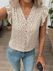 SHEIN Clasi 女款夏季鄉村風碎花V領荷葉袖上衣 - 杏色 - 查看 4