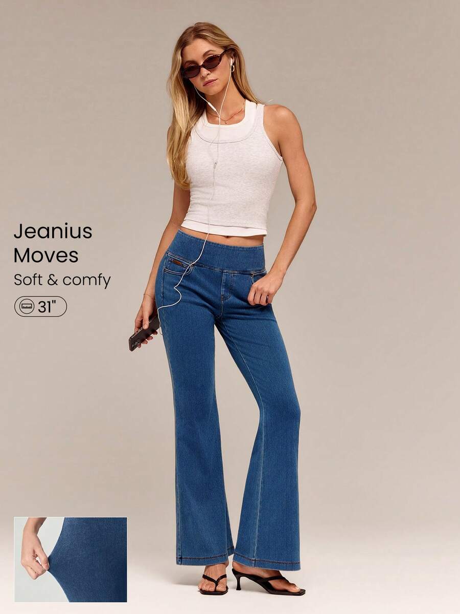 GLOWMODE Jeanius Moves DenimGlow Stretchy Breathable Mid-Rise Flare Yoga Denim Pants With 5-Pocket Design Daily Casual Wear - Blue - View 1