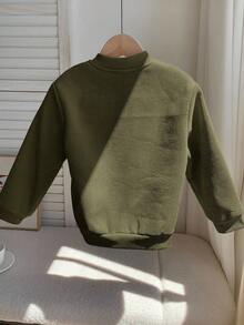 SHEIN 兒童小男孩燈芯絨抓絨內裡超拉鍊夾克填充外套，適合通勤、上學、日常休閒、大學校園、外出、運動，秋冬穿著 - 軍綠色 - 查看 2