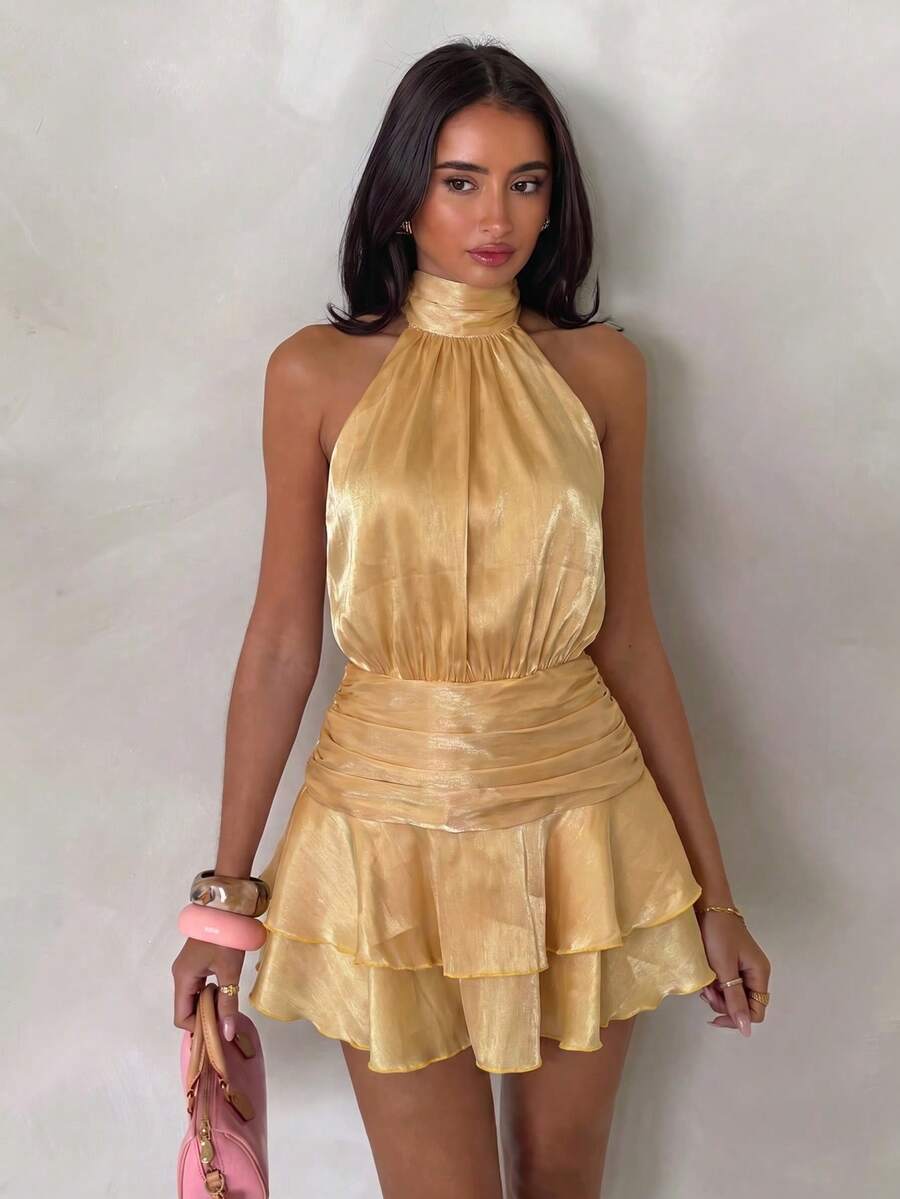 Glamine Damen Satin Neckholder Kleid mit Rückenschnürung und rückenfrei, sexy Taillenausschnitt, doppellagiger Rüschensaum, A-Linie Kurz kleid, elegantes Sommerkleid, geeignet für Konzerte, Partys, romantische Dates, Abschlussfeiern und andere Anlässe - Gelb - Übersicht 1
