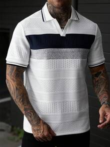 Manfinity CasualCool 男士夏季休閒拼色拼接 Polo 衫 - 白色 - 查看 5