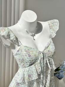 Elamini Top estivo da donna con spalline a volant e stampa floreale minuta - Giallo - Visualizzare 4