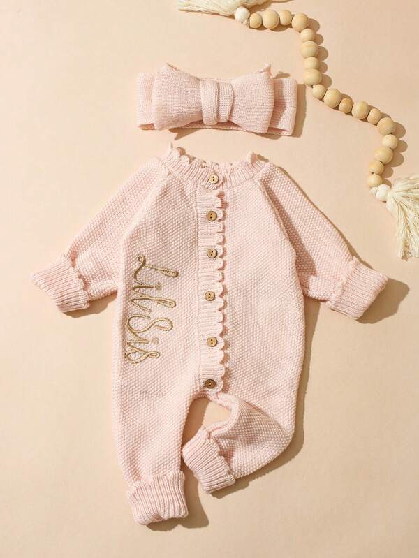 SHEIN 2-delat set "Little Sister" broderad nyfödd flicka fotoutfit, stickad jumpsuit romper med rosettdiadem och knappar, outfit för fotografering och hemkomst för bebis