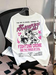 THE POWERPUFF GIRLS X SHEIN GraphicGems 少女休闲街头日常通勤趣味卡通字母印花宽松白色T恤，夏季 - 白色 - 查看 4