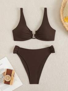 Swim Chiccia 女款海灘度假夏季套裝，新款夏季兩件式海灘度假上衣搭配U型鋼圈與高腰比基尼泳褲泳衣套裝 - 咖啡棕 - 查看 6