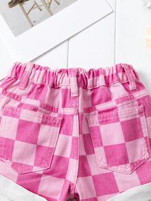 SHEIN 女嬰牛仔短褲，夏季新品，甜美可愛粉色棋盤格印花，彈性腰帶，捲邊設計，經典口袋，休閒夏季牛仔短褲，適合日常穿著、海灘、玩耍、夏季度假 - 粉色 - 查看 4