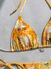 SHEIN Swim 2026夏季新款比基尼 太陽臉印花 海灘度假 海邊性感熱帶泳衣 兩件套 黃色 - 鵝黃色 - 查看 1