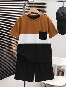 Young Boy Color Block Casual Simple T-Shirt And Shorts Set - Multicolor - View 3