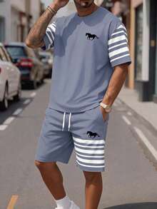 Sorvial Men's Minimalist Striped Print Blue T-Shirt & Shorts Set - Blue - View 7