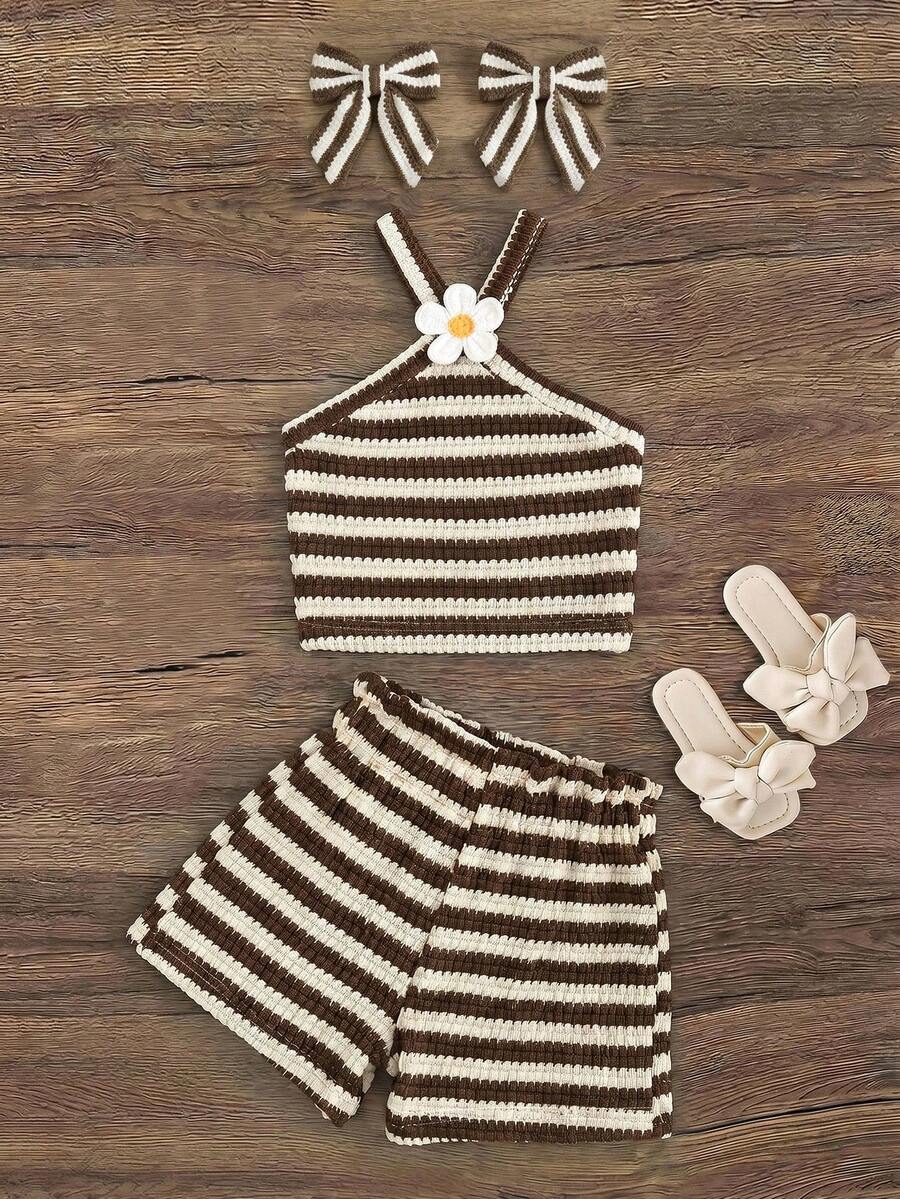 SHEIN 女童針織素色套頭無袖背心上衣與短褲2件組 - 卡其色 - 查看 1