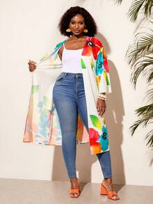 BrightlyHer Plus Size Women's Floral Print Fashion Jacket For Beach Vacation - Multicolor - View 9