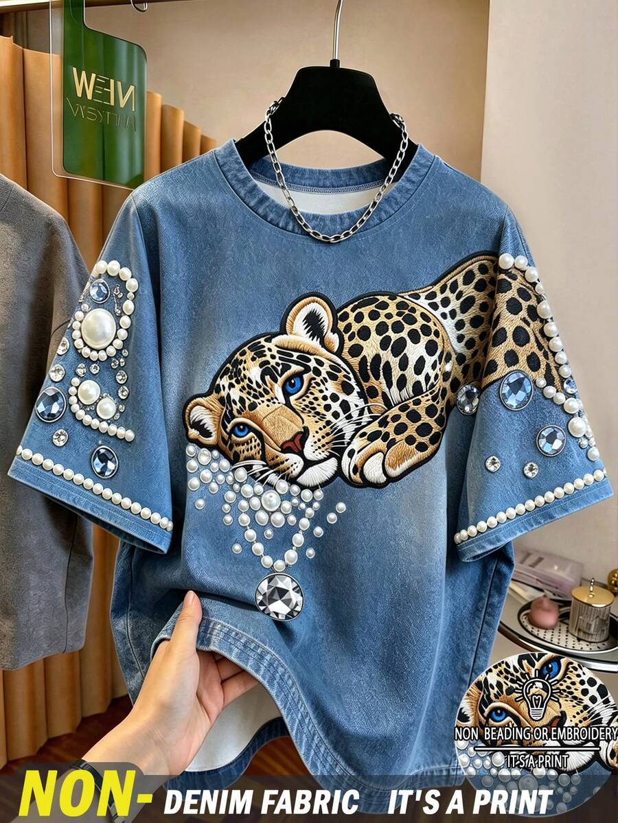 Resyla Plus Size Digital Print Leopard Print T-Shirt Street Style Casual Top - Multicolor - View 1