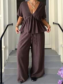Muchica 2pcs Plus Size Women Textured Ruffle Hem T-Shirt And Drawstring Waist Casual Pants Set - Black - View 3