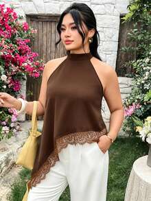 Modelyn 春夏休閒優雅細肩帶蕾絲拼接寬鬆版型百搭大尺碼女款背心上衣 - 棕色 - 查看 7