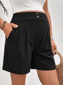 SHEIN Maternity Solid Color Minimalist Business Casual Versatile Elastic Waist Button Pleated Shorts Beach Summer - Black - View 3