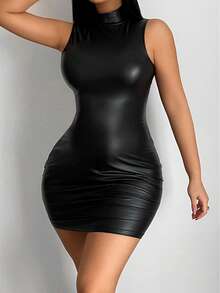 Sirith Mock Neck PU Leather Bodycon Dress - Black - View 4