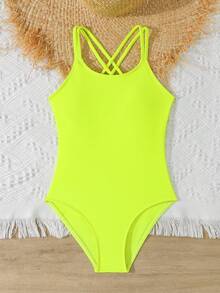 SHEIN Baju Renang Terusan Minimalis Serbaguna Warna Hijau Neon untuk Anak Perempuan Remaja, Cocok untuk Liburan Musim Panas - Kuning - View 5
