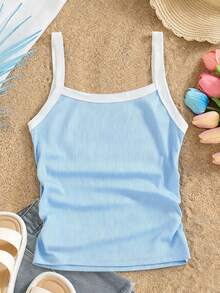 SHEIN Tween Girl Contrast Color Pleated Casual Versatile Daily Wear Camisole Tank Top - Blue - View 2
