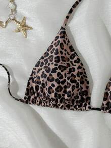 Slaydiva Plus Size Women's Leopard Print Halter Neck Bikini Triangle Top For Beach Vacation - Coffee Brown - View 5