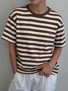 DAZY Casual Sports Summer Top Colorblock Striped Loose Short Sleeve Round Neck Women's T-Shirt - Brown - View 4