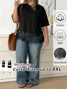 SHEIN CURVE+ 大尺碼女款素色圓領短袖對比蕾絲不對稱下擺寬鬆T恤，夏季上衣，適用於日常通勤、約會、通勤、派對、秋季/秋天/冬季/夏季、聖誕節、新年、感恩節、派對、婚禮、海灘、畢業典禮，時尚、優雅、休閒、外出、約會、預約、通勤、閃耀、情人節、優雅、度假、休閒、Y2k、外出、畢業典禮 - 黑色 - 查看 10