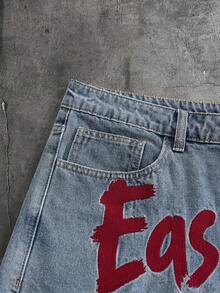 AXEPEAK Celana Pendek Denim Pria dengan Cetakan Huruf, Saku, Kancing, Kasual, Serbaguna, untuk Perjalanan Sehari-hari - Biru - View 5