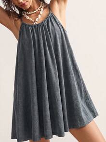 Bohemela Casual Boho Solid Color Knit Loose Washed Mini Dress For Women Beach Charcoal Gray Summer - Dark Grey - View 1