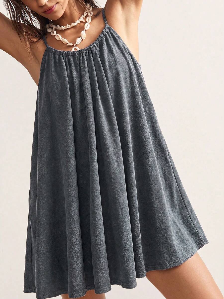 Bohemela Casual Boho Solid Color Knit Loose Washed Mini Dress For Women Beach Charcoal Gray Summer - Dark Grey - View 1