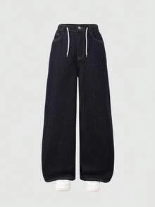 SHEIN 青少年女孩牛仔寬腿褲 1件，復古休閒學院風，簡約百搭穿搭推薦，復古水洗磨損藍色牛仔，彈性腰頭舒適穿著，鈕扣門襟方便穿脫，寬鬆版型修飾顯腿長，適合居家日常、外出、購物、海灘度假散步、日常學院風穿搭，或朋友聚會派對，極佳選擇，可搭配衣櫥中大多數上衣，四季皆宜的百搭時尚單品 - 深色水洗藍 - 查看 3