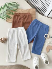 SHEIN Playful Pals 3件組男孩返校休閒燈芯絨紋理純色直筒厚實柔軟運動長褲，適合度假與春季穿著 - 彩色 - 查看 2