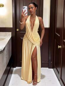 Slaydiva Elegant Deep V-Neck Halter-Neck Long A-Line Dress With High Slit. Perfect For Parties And Weddings-A - Yellow - View 8