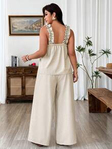 Weeklong Plus Size Frill Trim Loose Comfortable Vintage Texture Tank Top And Wide Leg Pants 2pcs Set, Elegant Vacation Style - Khaki - View 2