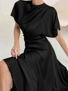 Heiryn Women's Spring/Summer Pleated Design Batwing Sleeve Elegant Long Dress Dinner Black - Black - View 7