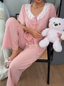 Napfluff Fresh Gentle Pink Pajama Set Lace Round Neck Bow Short Sleeve Long Pants Casual Loungewear - Pink - View 1