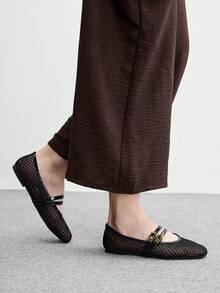 CUCCOO BIZCHIC Black Mesh Hollowed-Out Mary Jane Flats For Women, Double-Buckle Retro Square Toe Shoes - Black - View 9