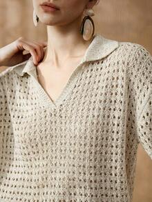 SHEIN 女款仿亮面絲綢面料寬鬆版型 Polo 領鏤空設計休閒毛衣 - 米色 - 查看 7