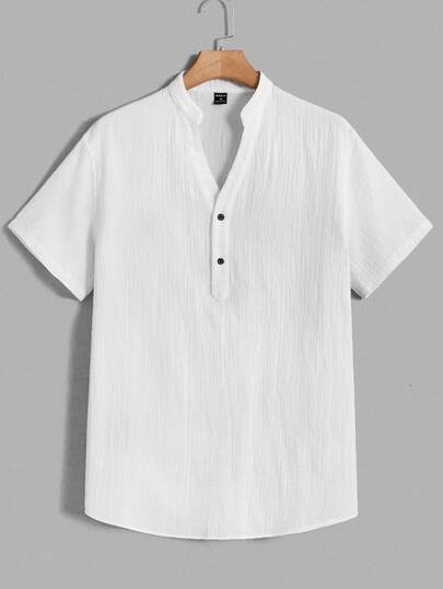 HIMLAND Loose Fit Men's Solid Half Button Short Sleeve Casual White Shirt, Old Money, Couple Things, Vacation, Father's Day Gifts